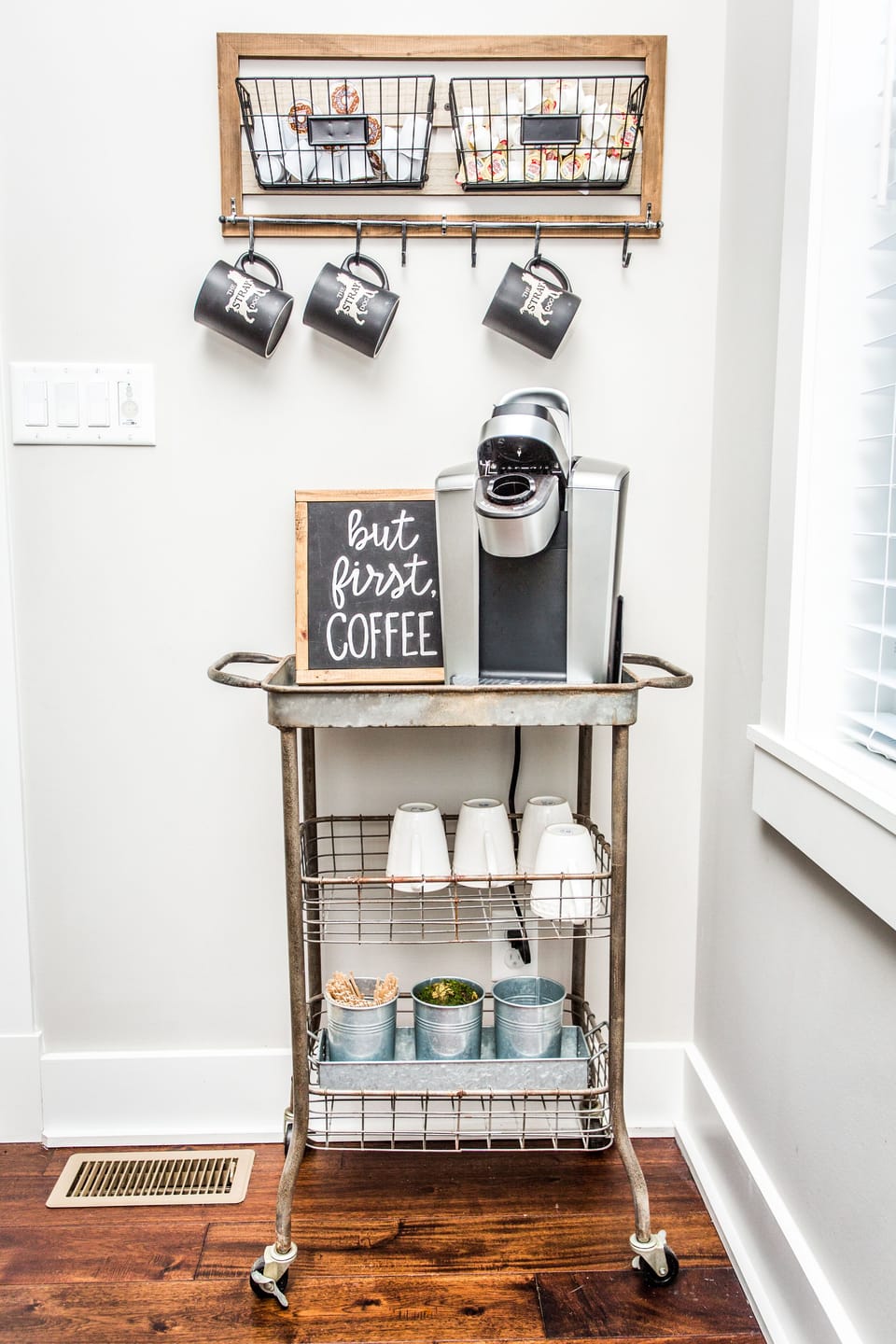 Complementary coffee cart stocked w/k-cups, creams and sugar!