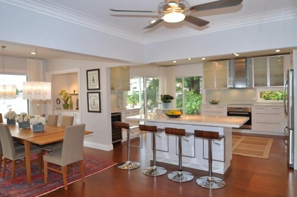 Beautiful large kitchen with stainless steel appliances.