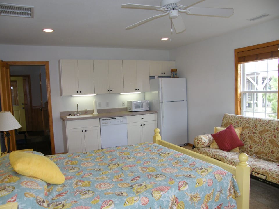 Mini-kitchen, futon in large 1st floor Queen bedroom.
