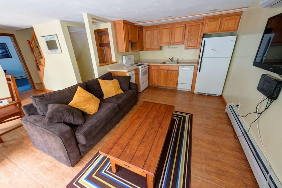 1st floor living area with sofa bed and second TV on R, 2nd fridge, sink, stove