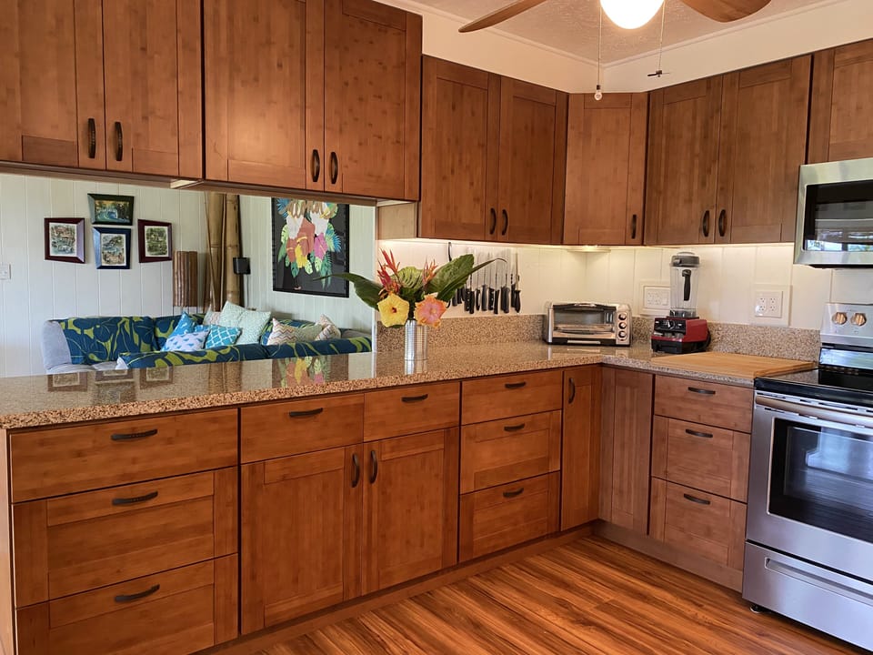 Bamboo cabinets.