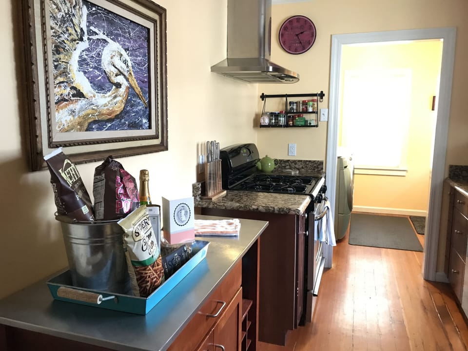 Well stocked kitchen.  View from dining area