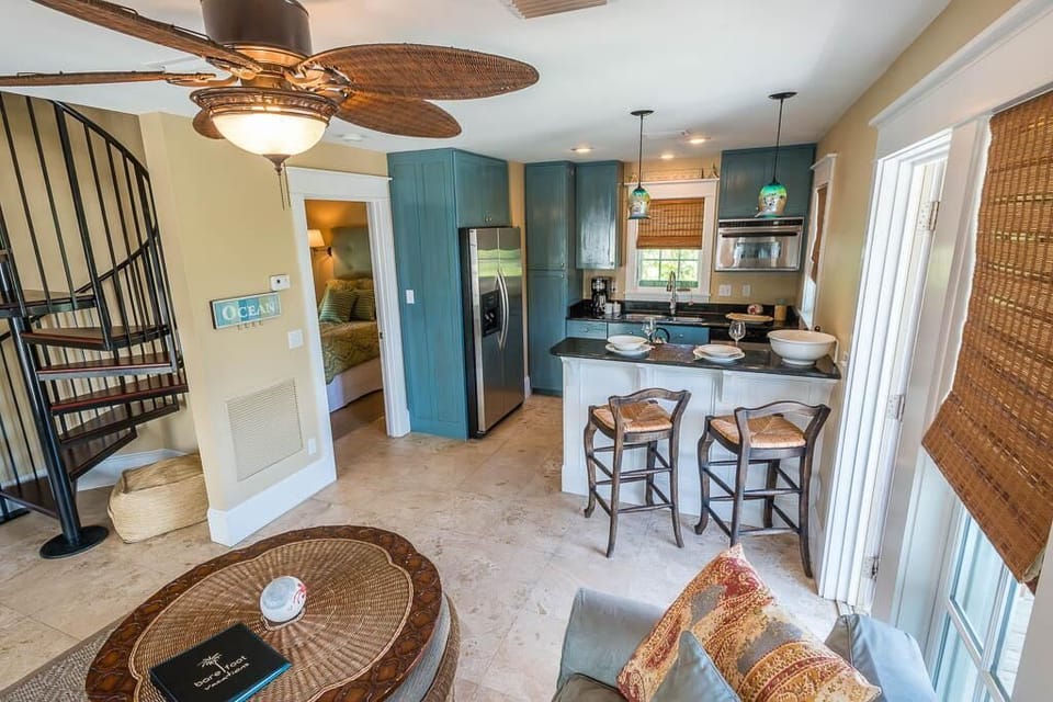 Fully stocked kitchen off the living area.