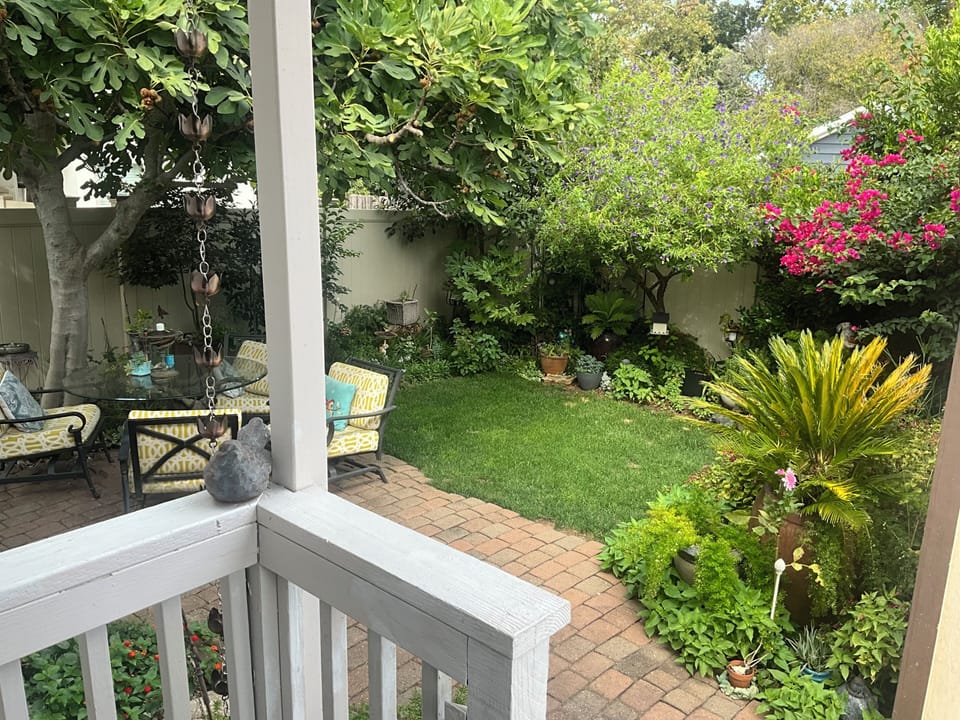 Private shaded Patio with dining area and lush fully fenced yard.