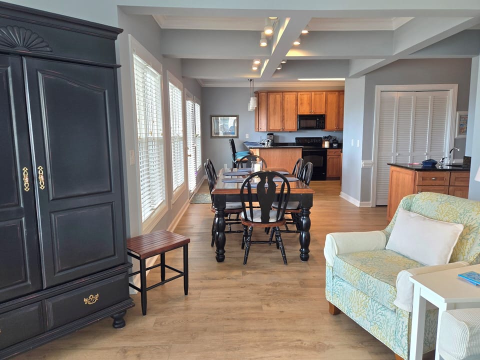 Living room, dining area, kitchen