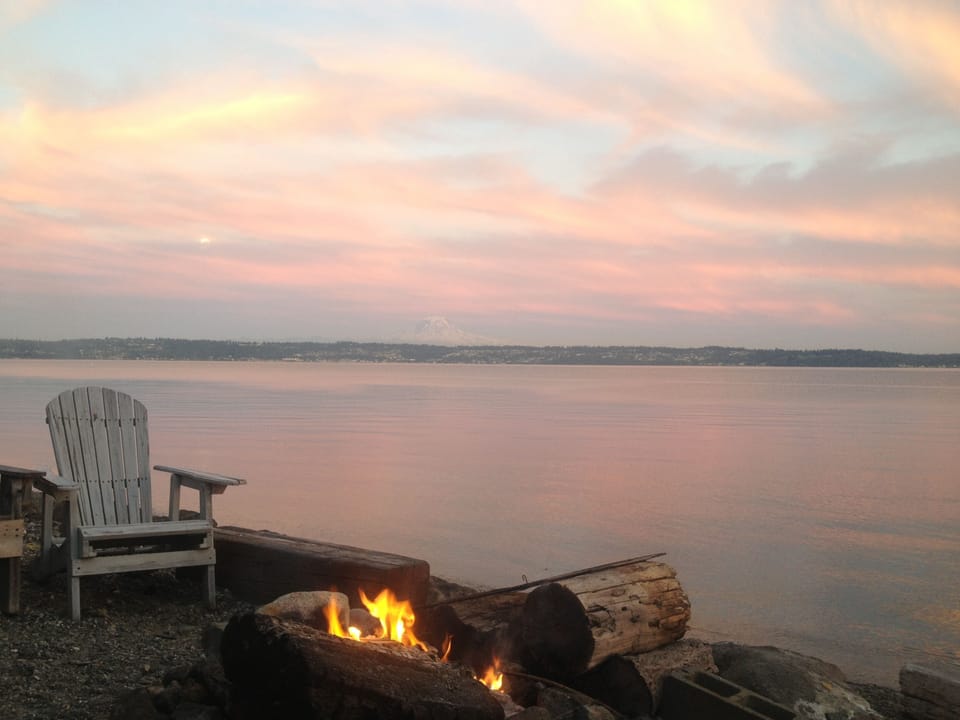 Beach fire at sunset.  S'mores anyone?
