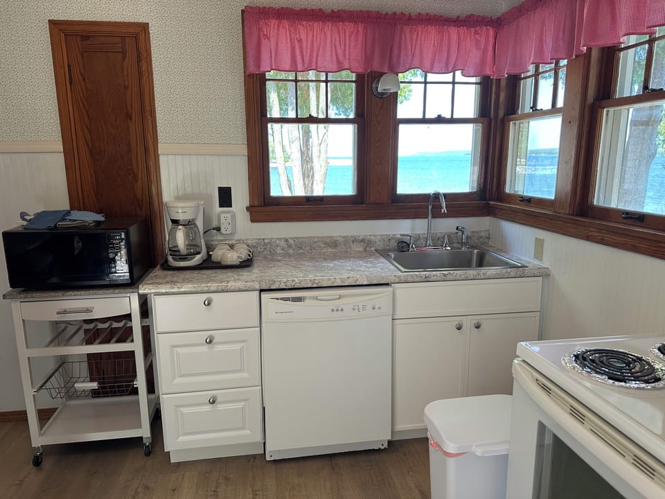In the kitchen overlooking the harbor.