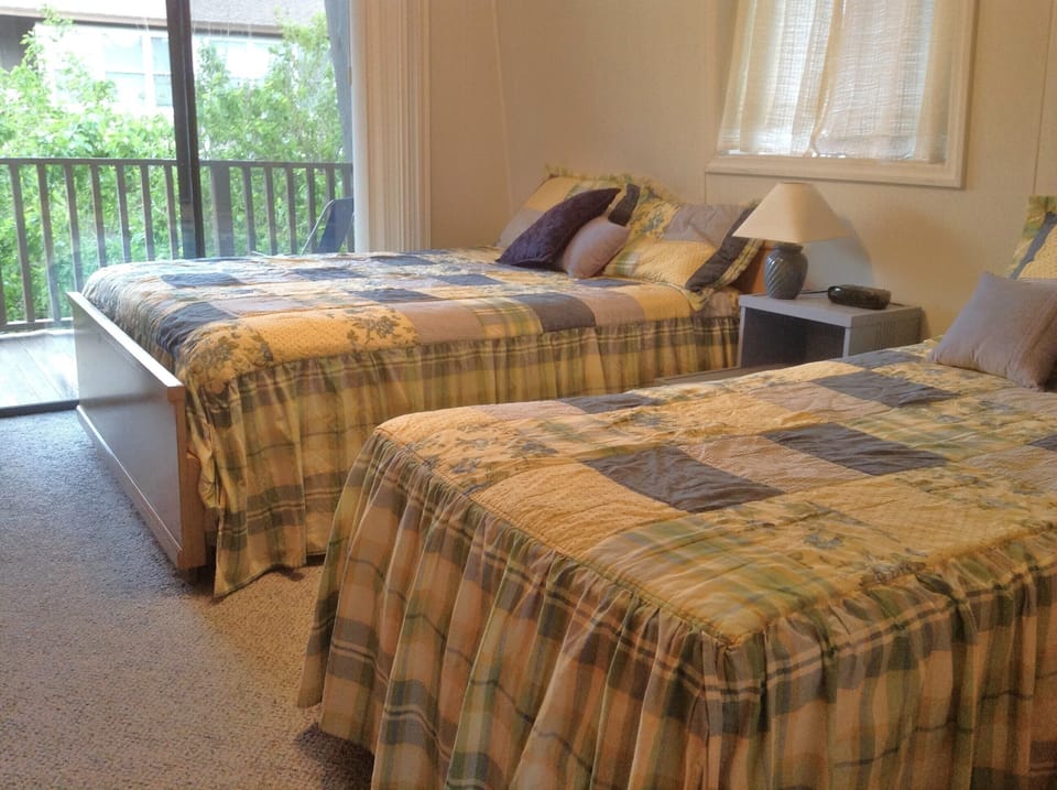 Bedroom (Double and single beds) with the back deck facing the ocean