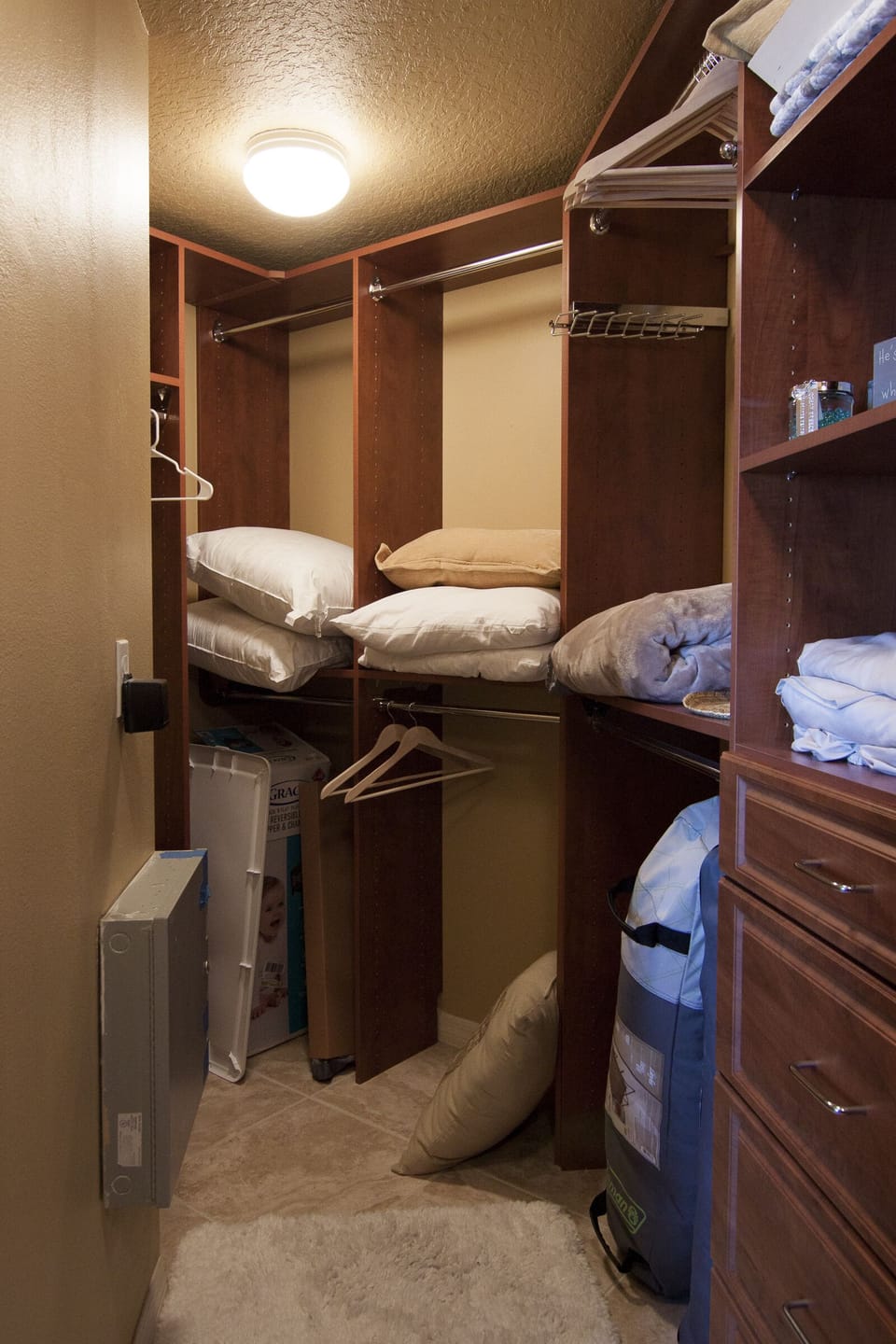 Designer closet in Master bedroom, extra bedding, air mattresses for guests.