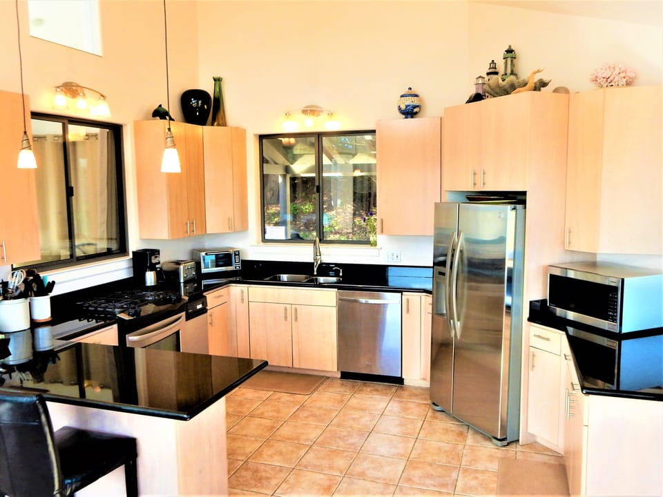 Spacious well-equipped kitchen, gas cooktop, small appliances 