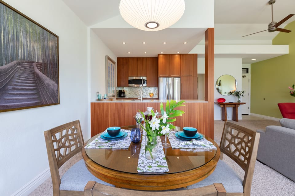 Dine inside or out on the lanai to take in the views