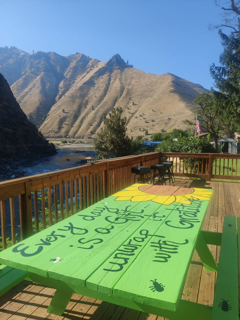 Enjoy eating on the deck with the best river view in Riggins! 