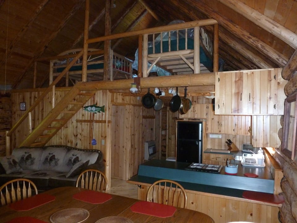 An overview of the kitchen and loft area