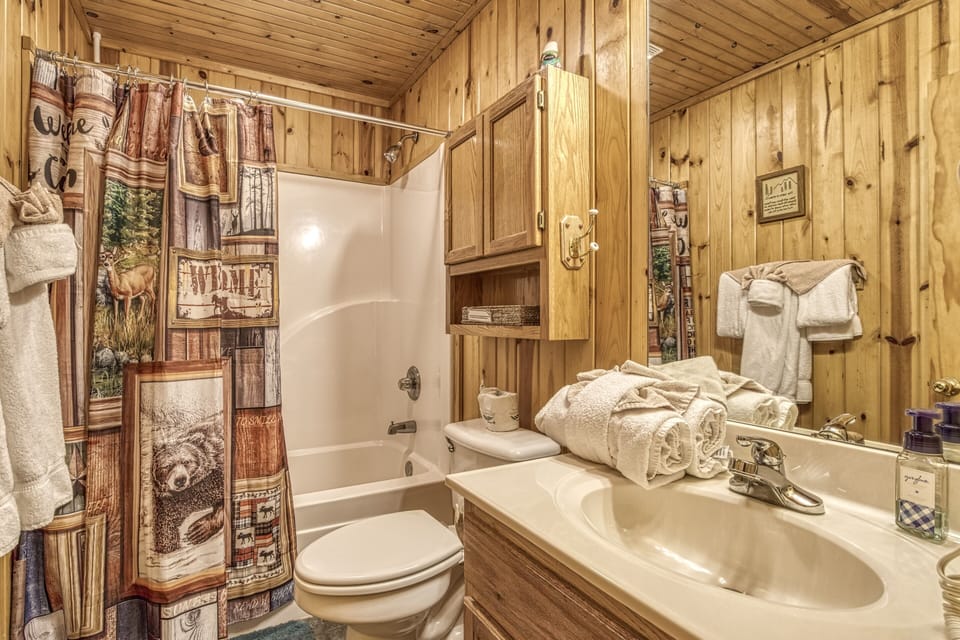 Wears Valley Vacation Rental - Deer to Dream - Main level bathroom with tub/shower combo
