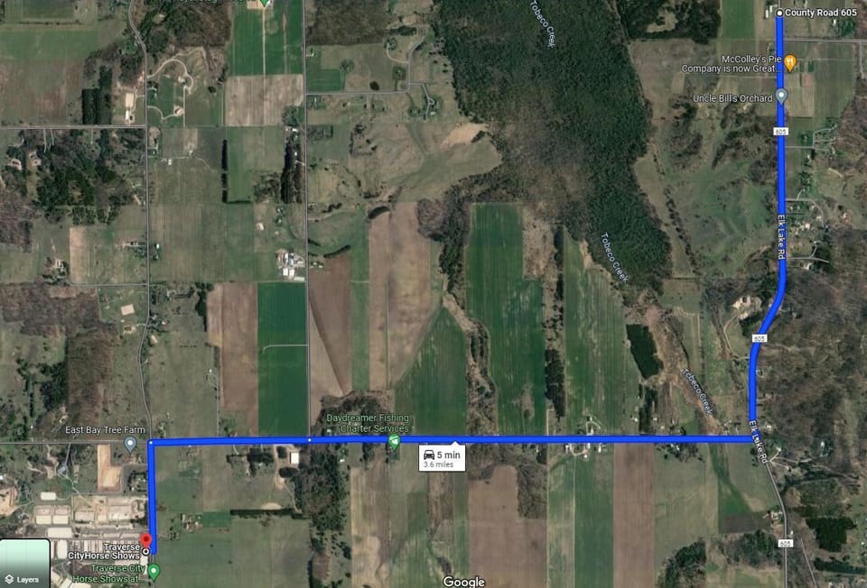3.6 miles to Flintfields / Traverse City Horse Show (back roads avoid Bates/M72)