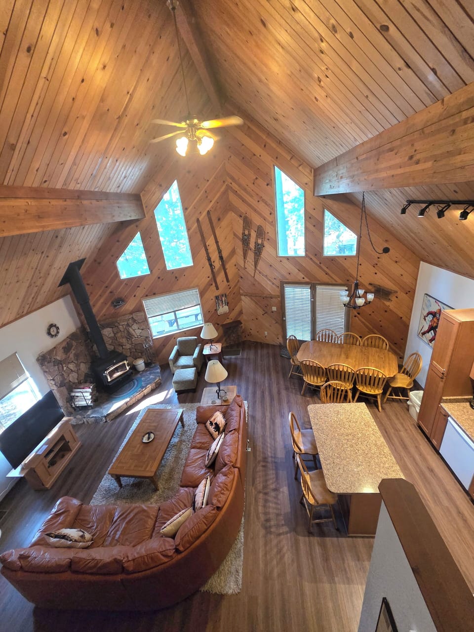 Looking down at the kitchen and family room/ great room
