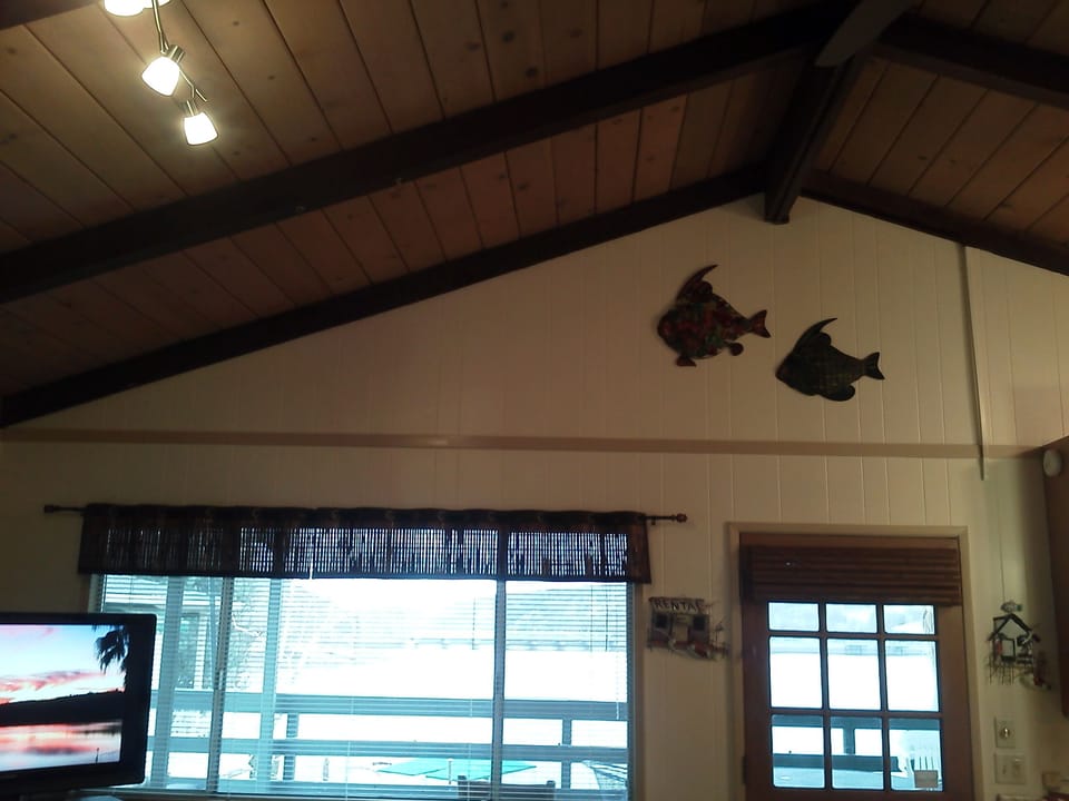 Open beam ceiling with track lighting & fun decor