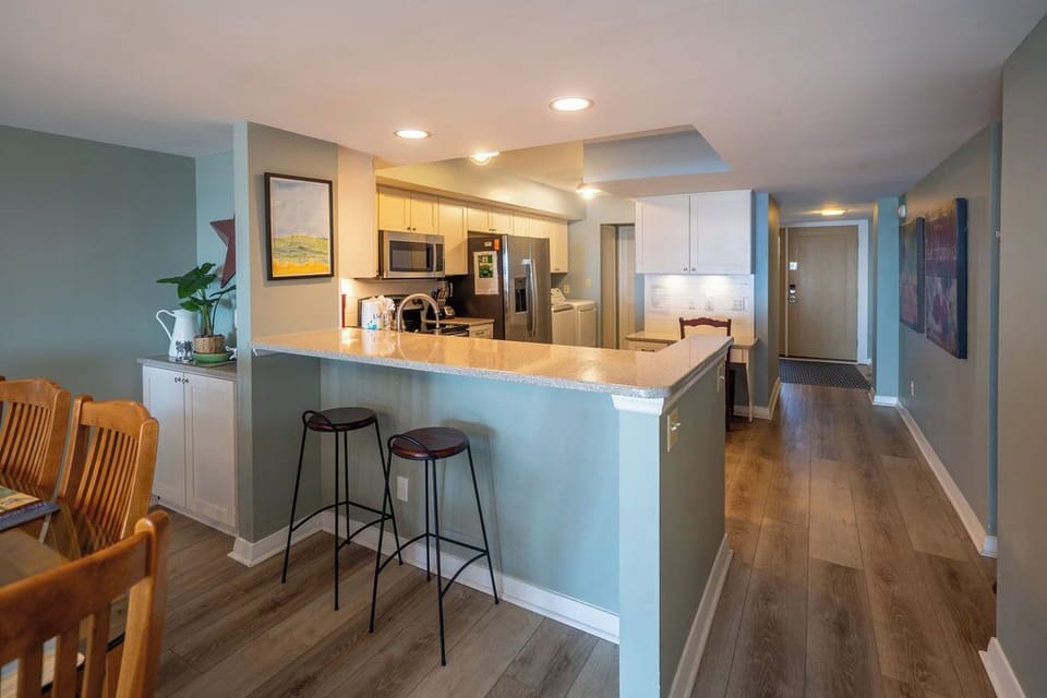 View into kitchen from dining area