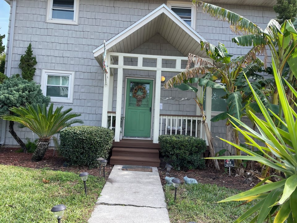 Private front entry with coded keyless door