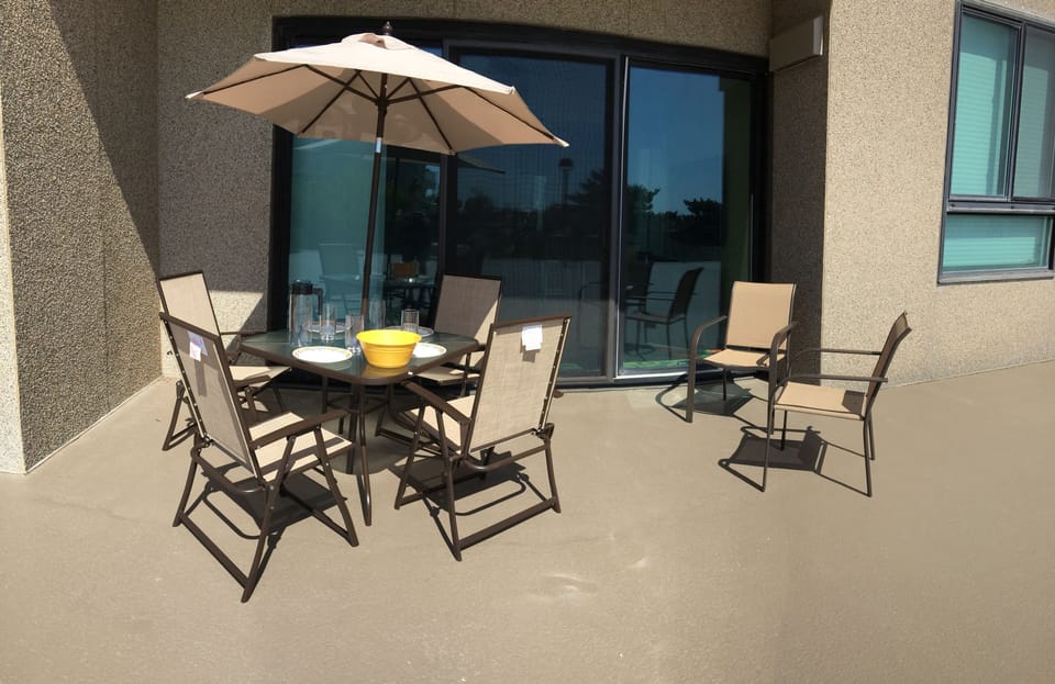 Our patio. Through sliding doors to main room.