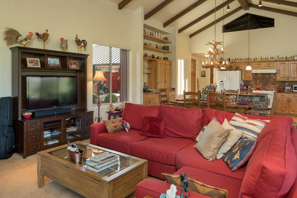 The Great Room ~ Fireplace, Roku TV ~ Bar w/ Ice Maker ~ Dining Table &  Kitchen