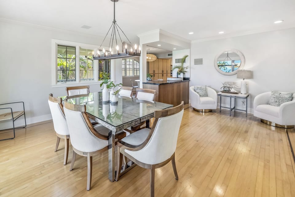 Elegant open-concept dining and living space.