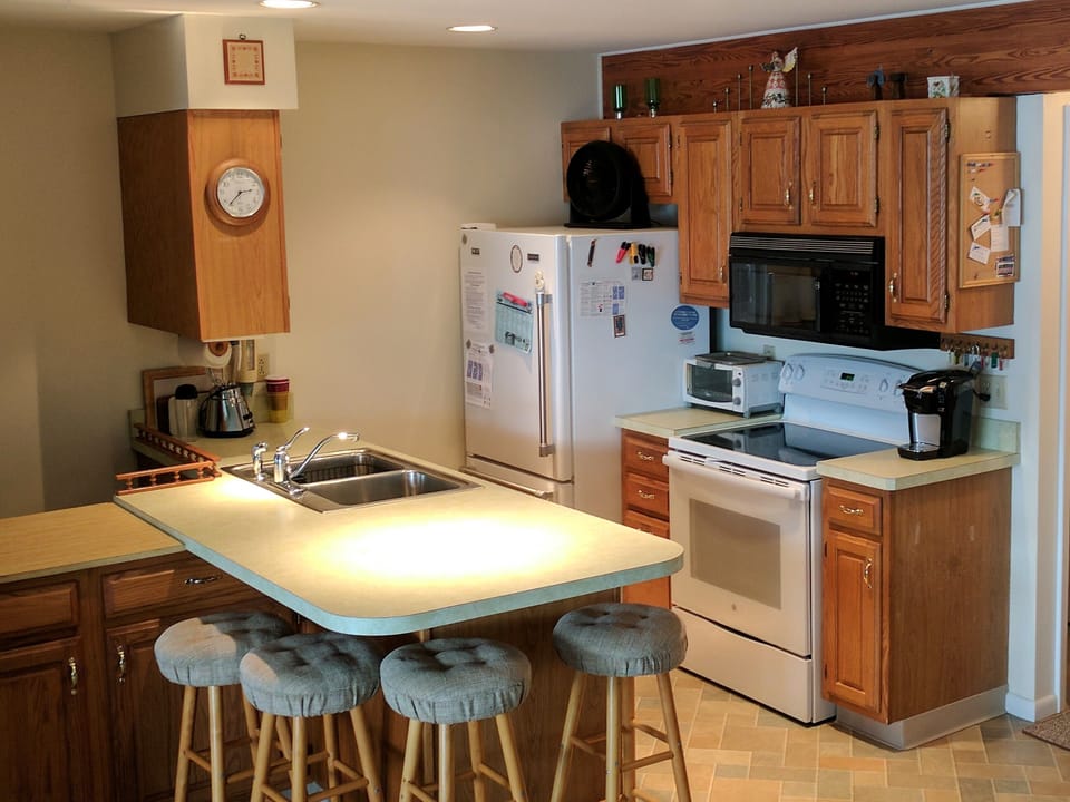 kitchen with new fridge and stove in 2016.