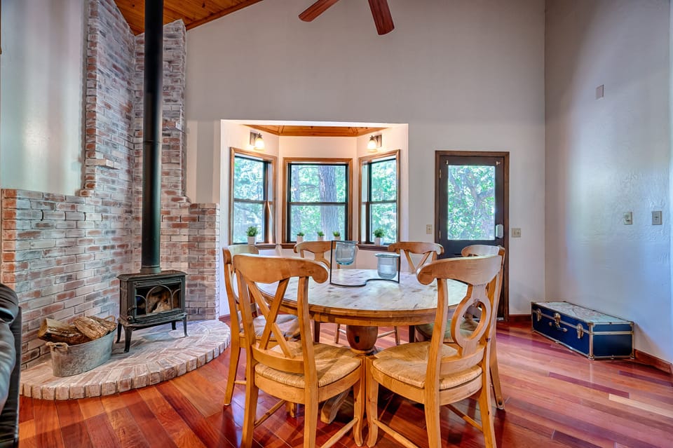 Play games together by the warm and cozy wood burning fireplace