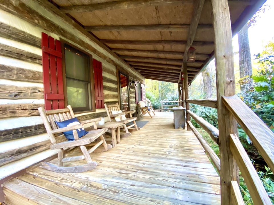 Front porch is great for listening to the creek with a cup of coffee