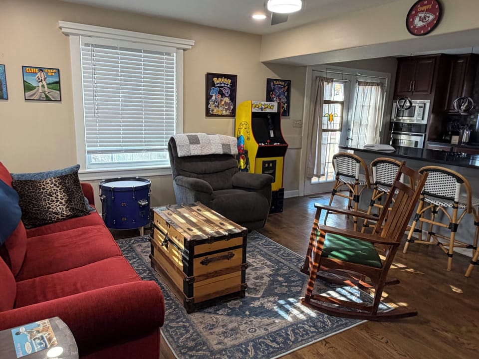 Plush sofa, recliner, 65" smart screen w/YouTube TV,