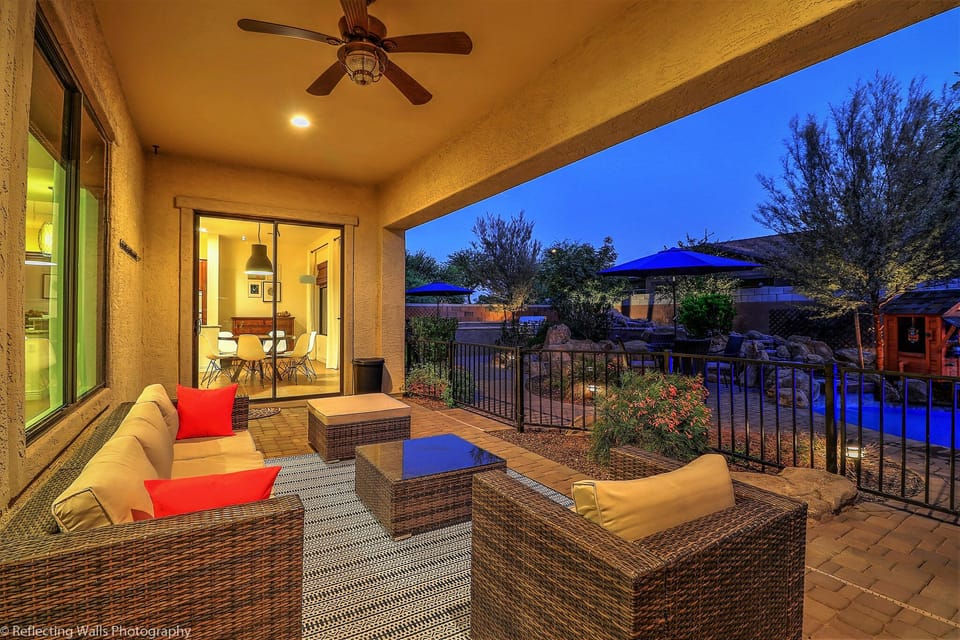 Patio overlooking pool and waterfall