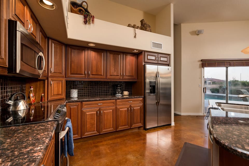 Kitchen with view to pool area.