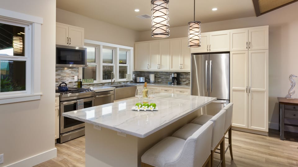 Gourmet kitchen with gas appliances - not common in Hawaii
A great assortment of spices and oils are proved for cooking.