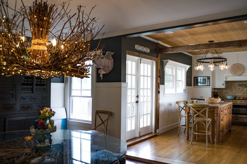 View from Healing Waters farmhouse dining room into kitchen.