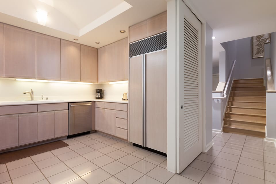 Gourmet kitchen with built in fridge.