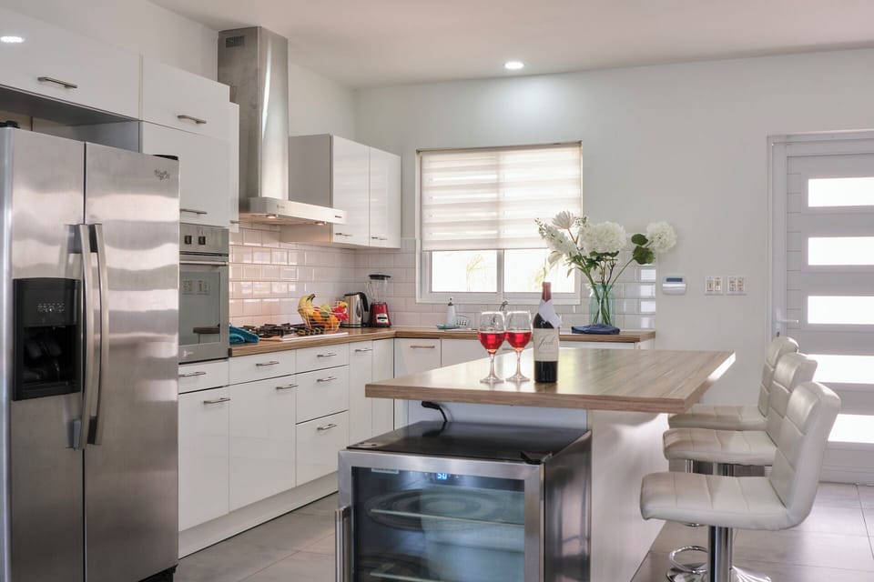 Our Kitchen: fridge with icecube maker, and extra wine cooler