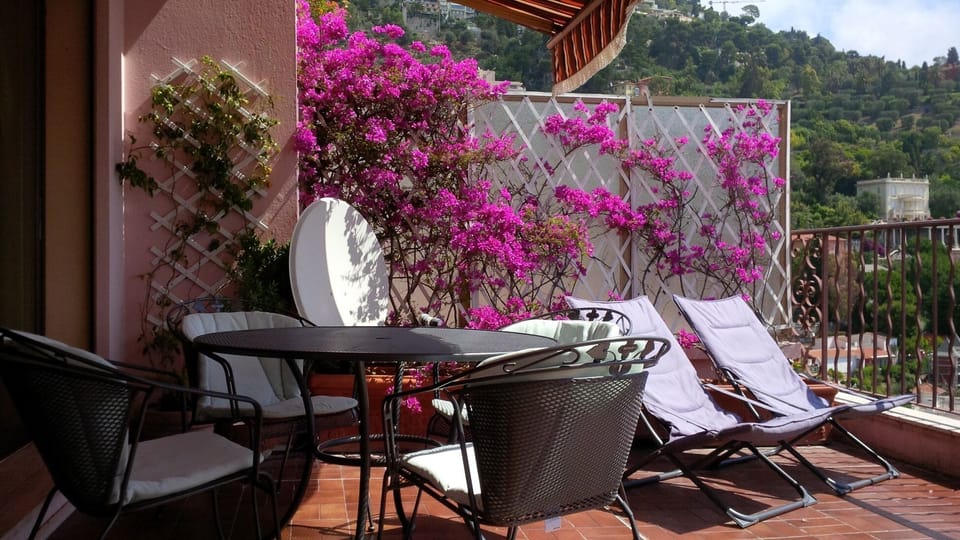 Terrace dining by the bougainvillea