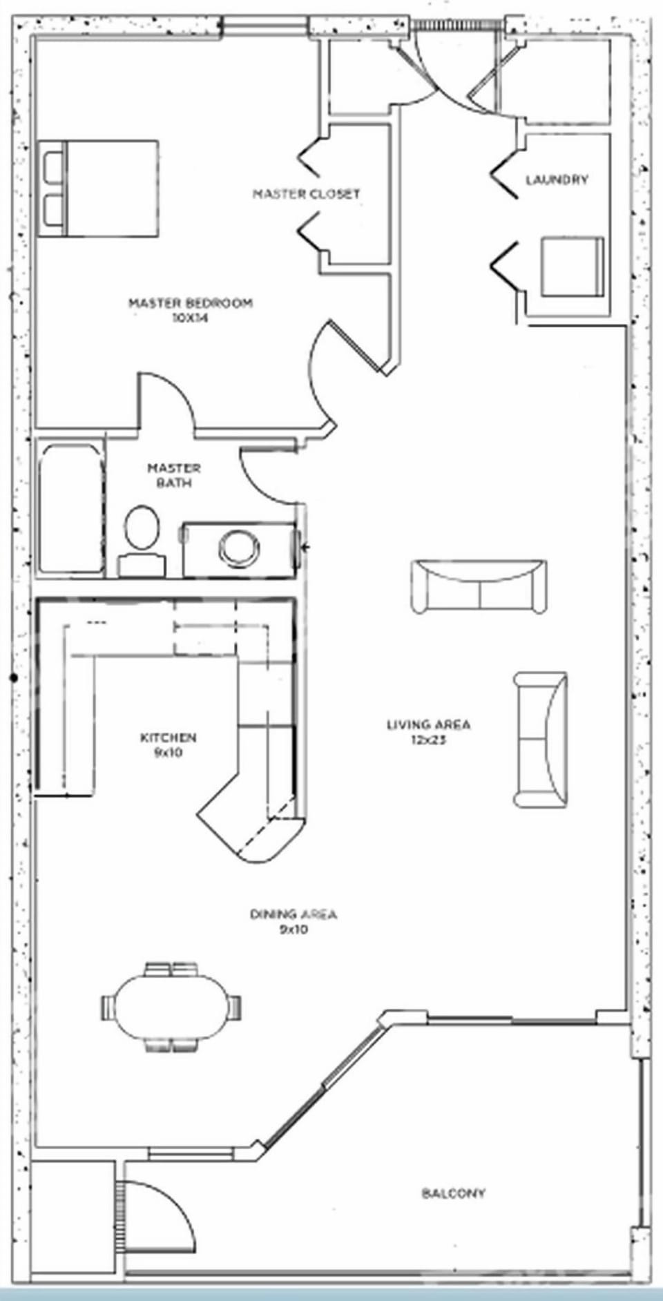 One-bedroom layout with spacious living, dining, and kitchen areas with beachfront balcony access