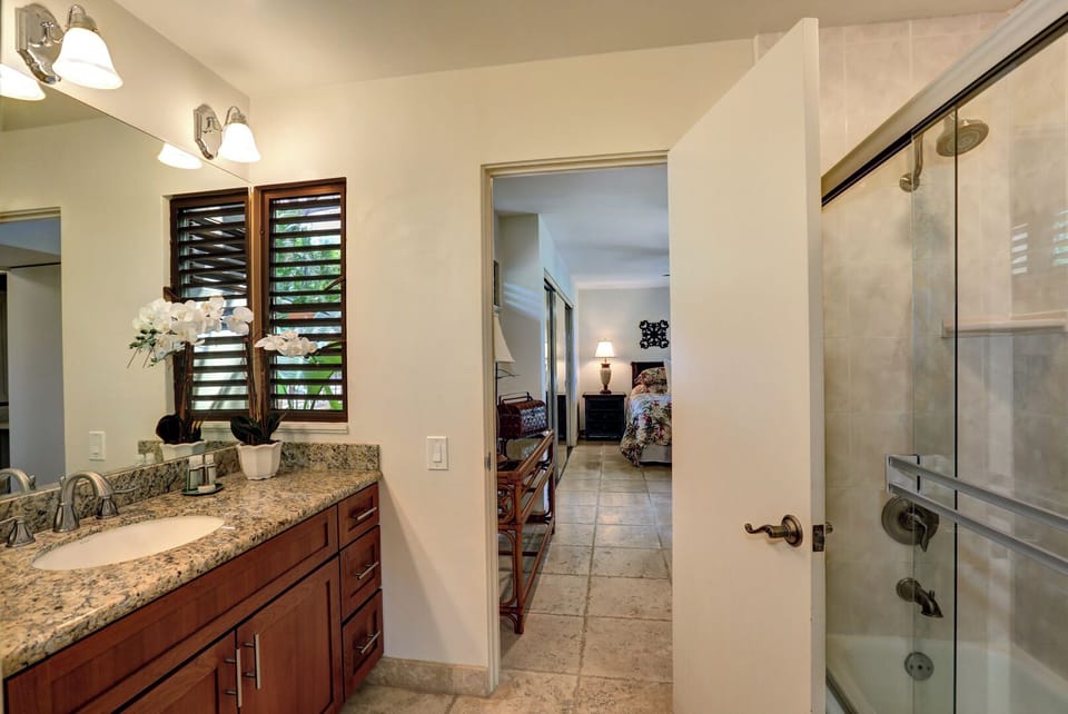 Master Bath with granite counter tops and shower over tub.
