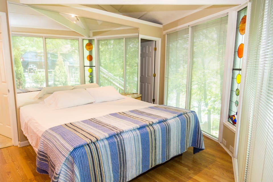 Mirrors Galore 
in Master/king/GLASS/Private Bath
upper bedroom off mail living 
