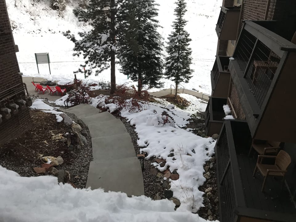 View from 5th floor at path on 4th to slopes.