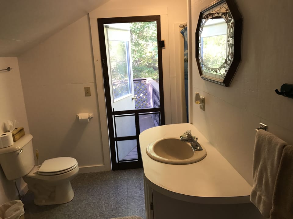 Bathroom with large stall shower and doorway out to large, private deck.