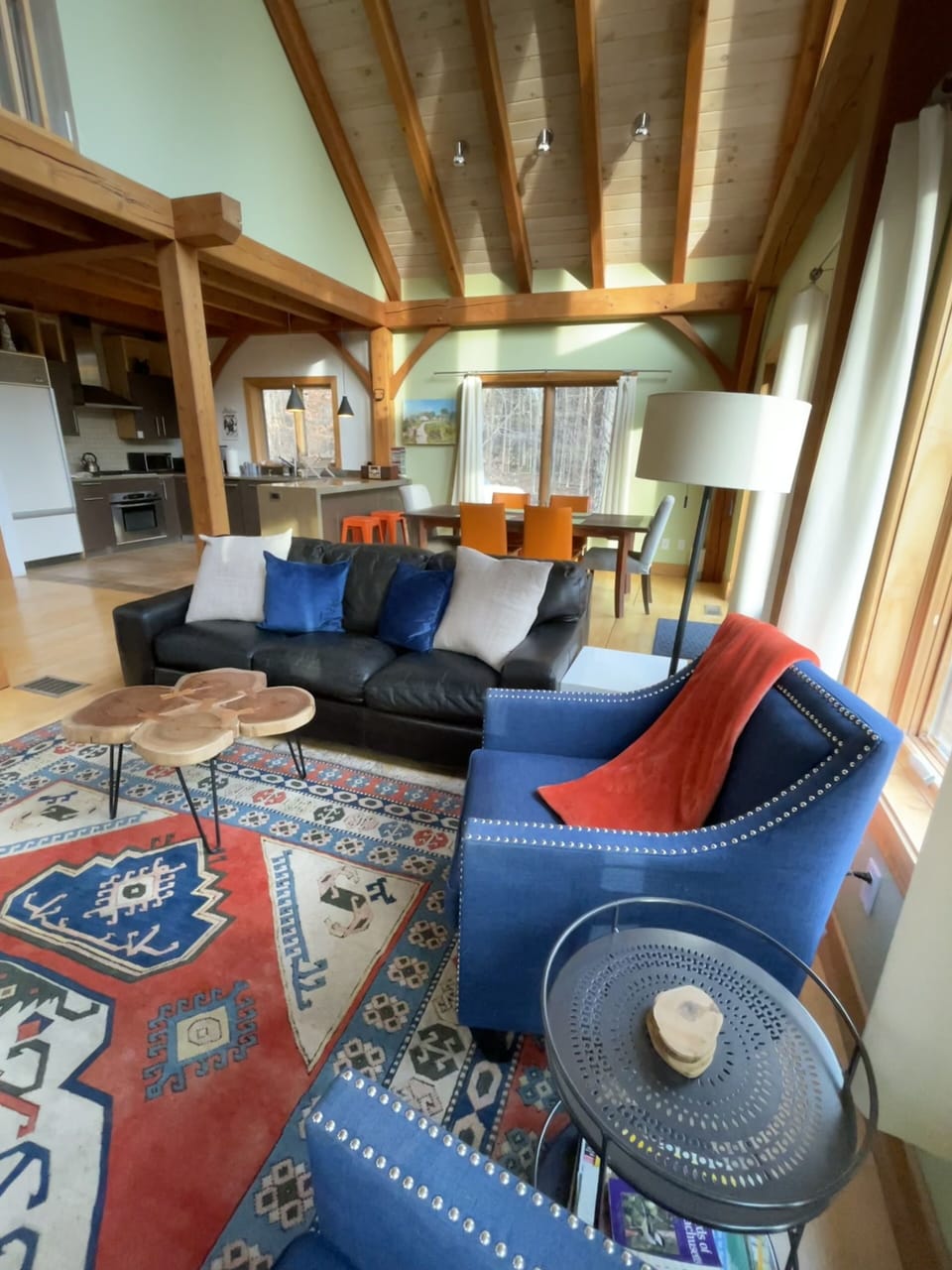 living room and dining area in back