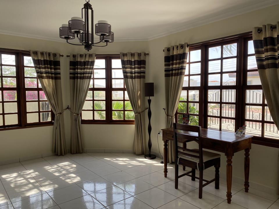 Study/office area with desk, chair and power for laptop