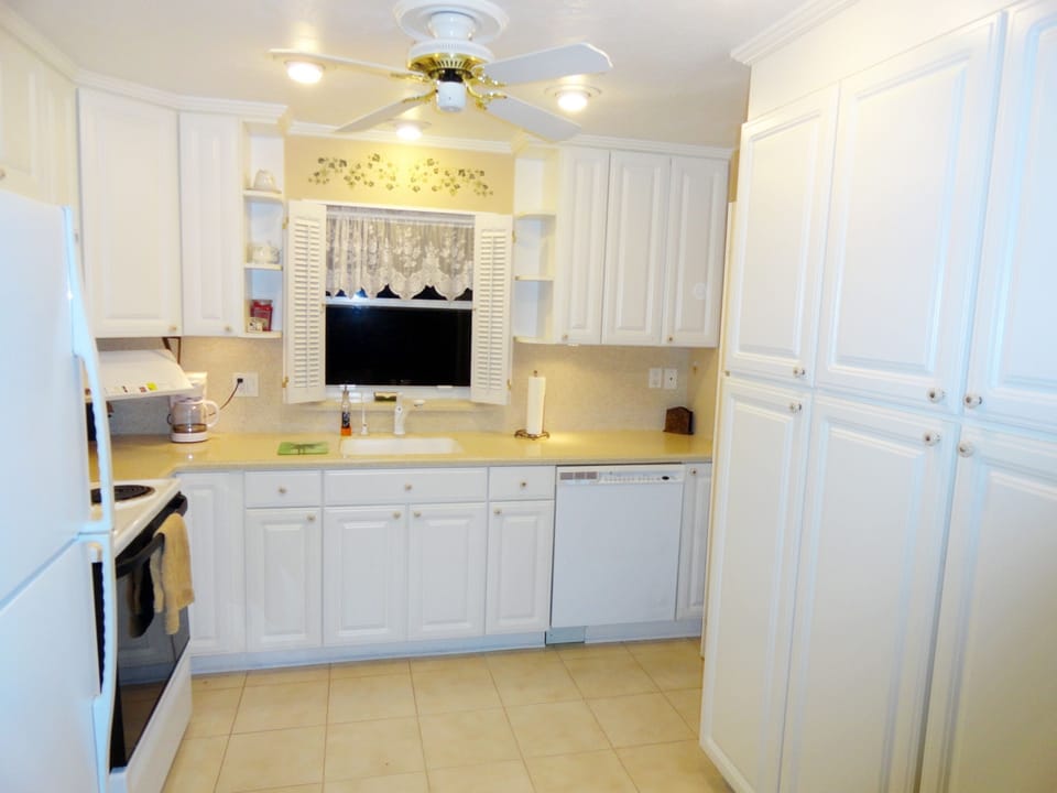 Complete kitchen with orange trees to view outside the window view