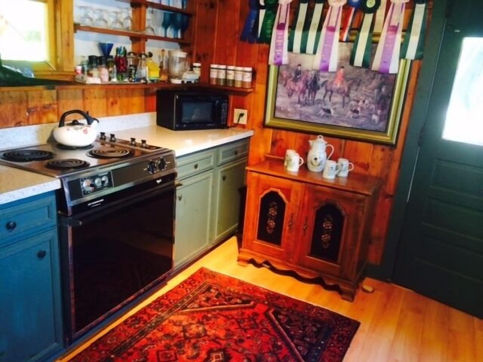 Cooking area and wood floors with Persian scatter carpeting. Note my rates have 