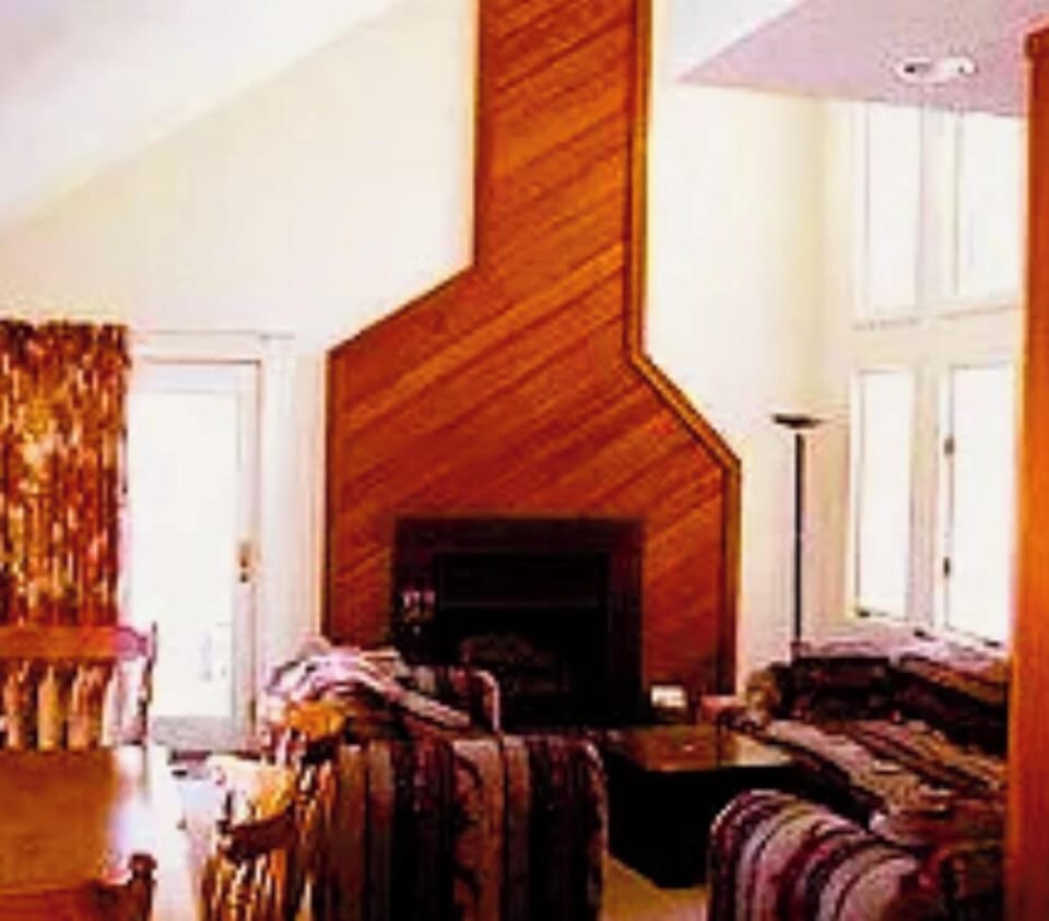 Fireplace and South facing Window Wall.  Elevated deck beyond.