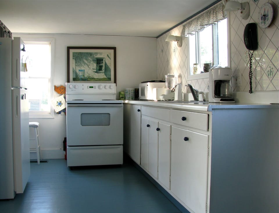 Our kitchen has a new fridge and microwave, as well as many gourmet gadgets.
