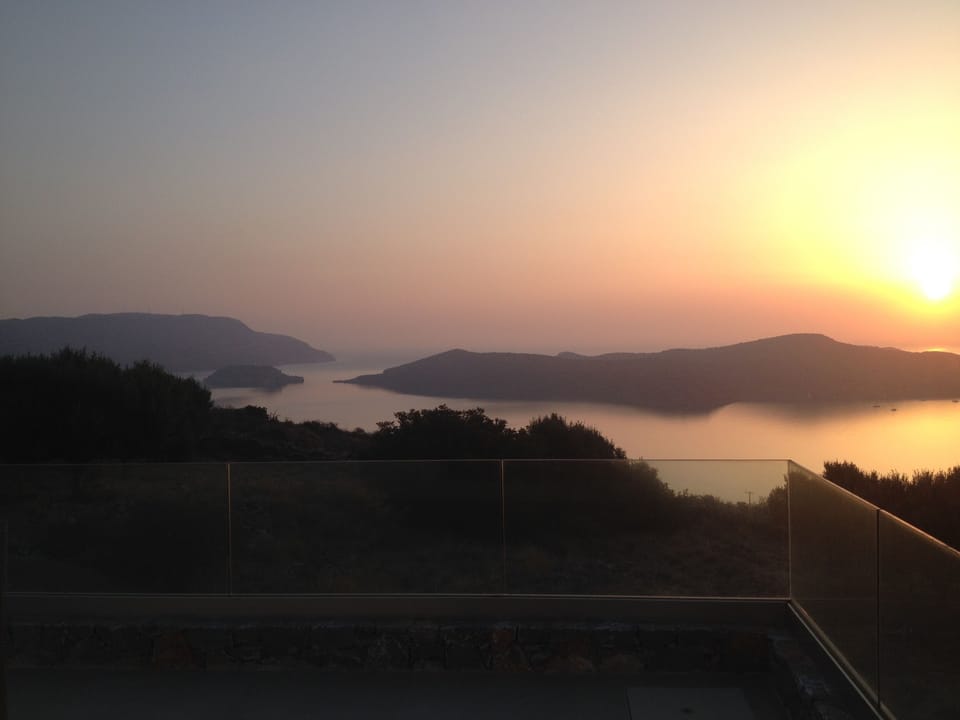 Spinalonga island view from the 1st floor terrace of the villa at sunrise