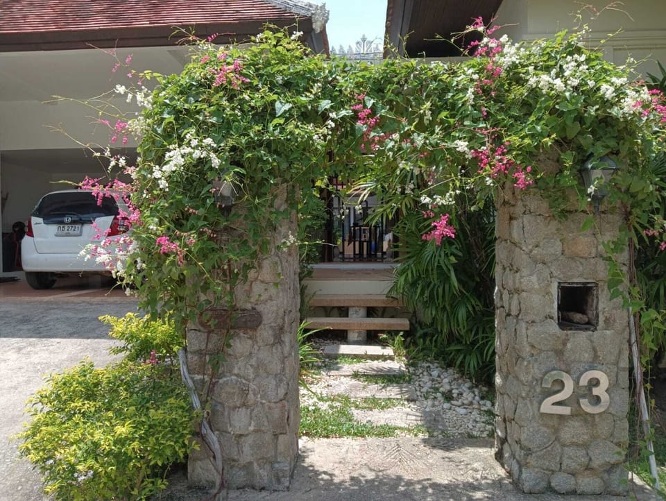 The entrance, with a private garage
